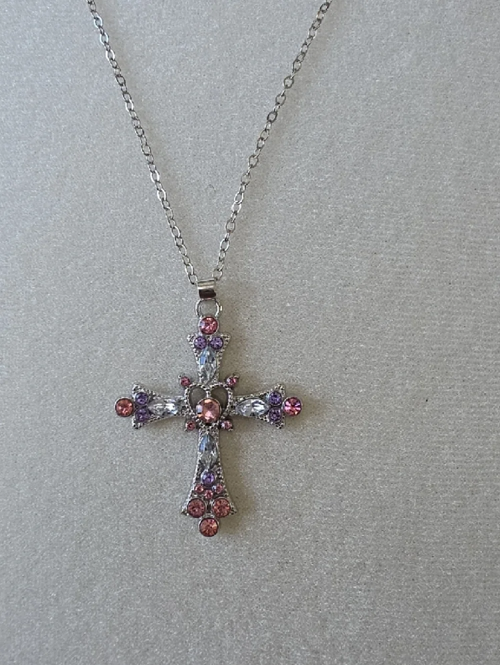 Cross Pendant Necklace with Pink and Purple Crystals - Picture 2 of 4
